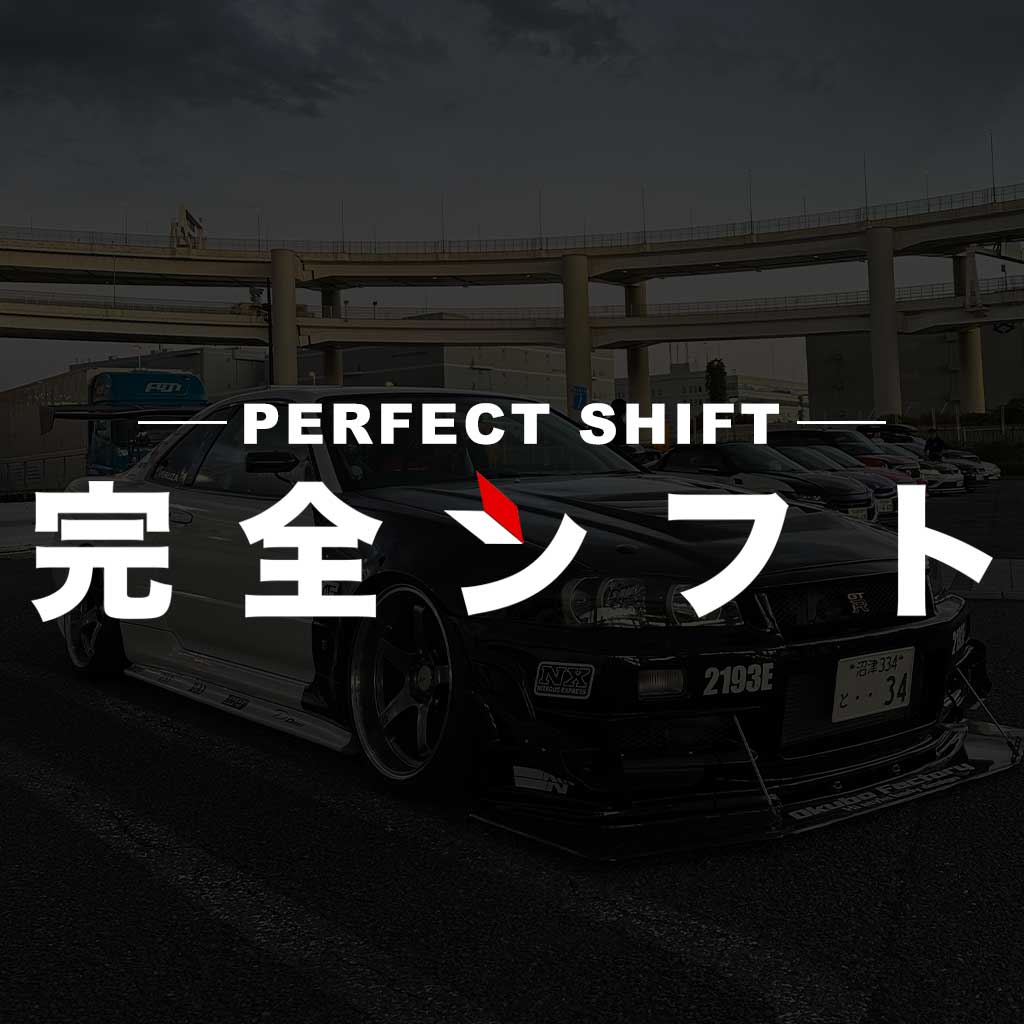 JDM car window decal exclusive to Perfect Shift on the background of a wide-body GTR34