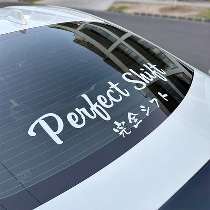 JDM car sticker with English and Japanese saying 'Perfect Shift' applied on a white toyota 86's rear windshield