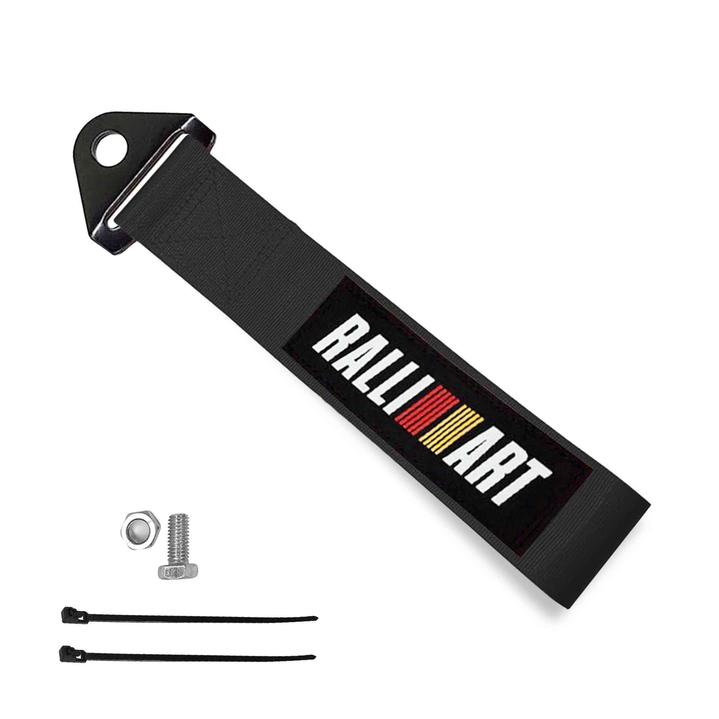 A black ralli-art tow strap, a set of bolt and nut, and two zip ties on a white background