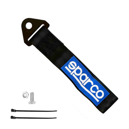 A black Sparco tow strap with install tools on a white background