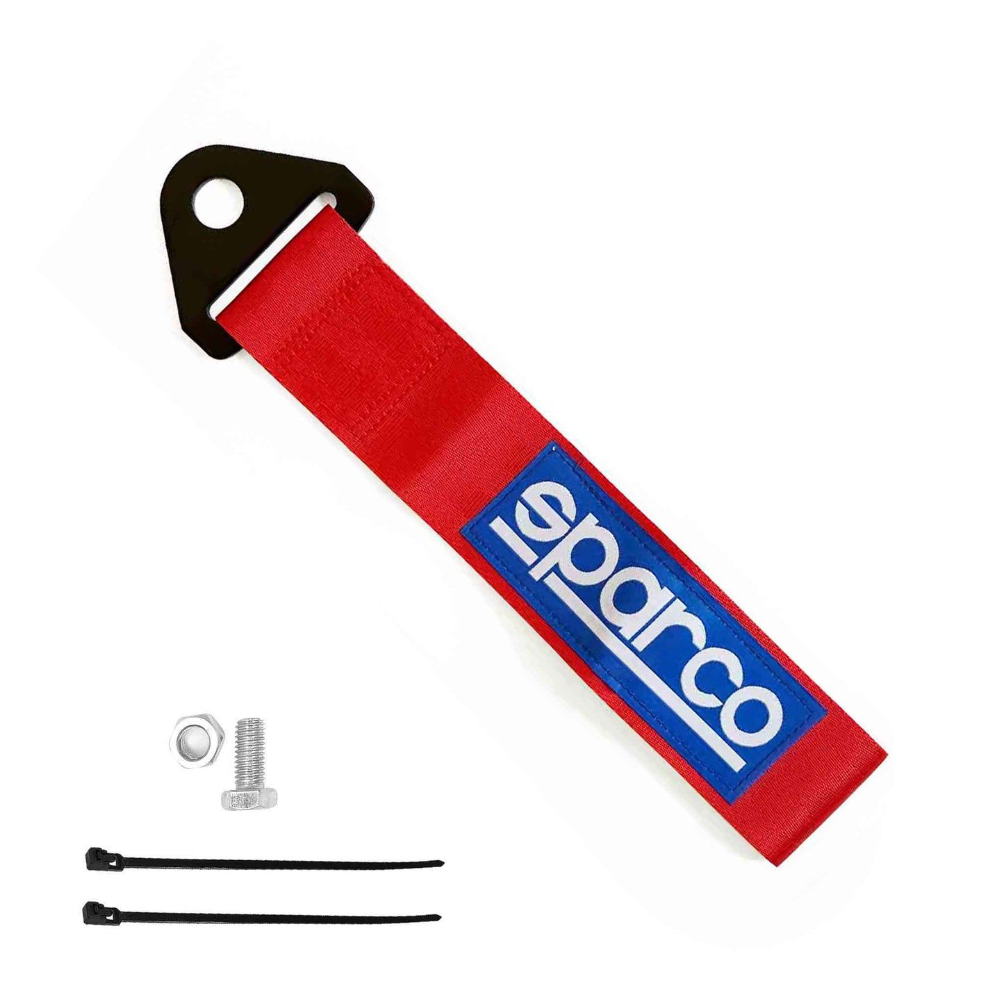 A red Sparco tow strap with install tools on a white background