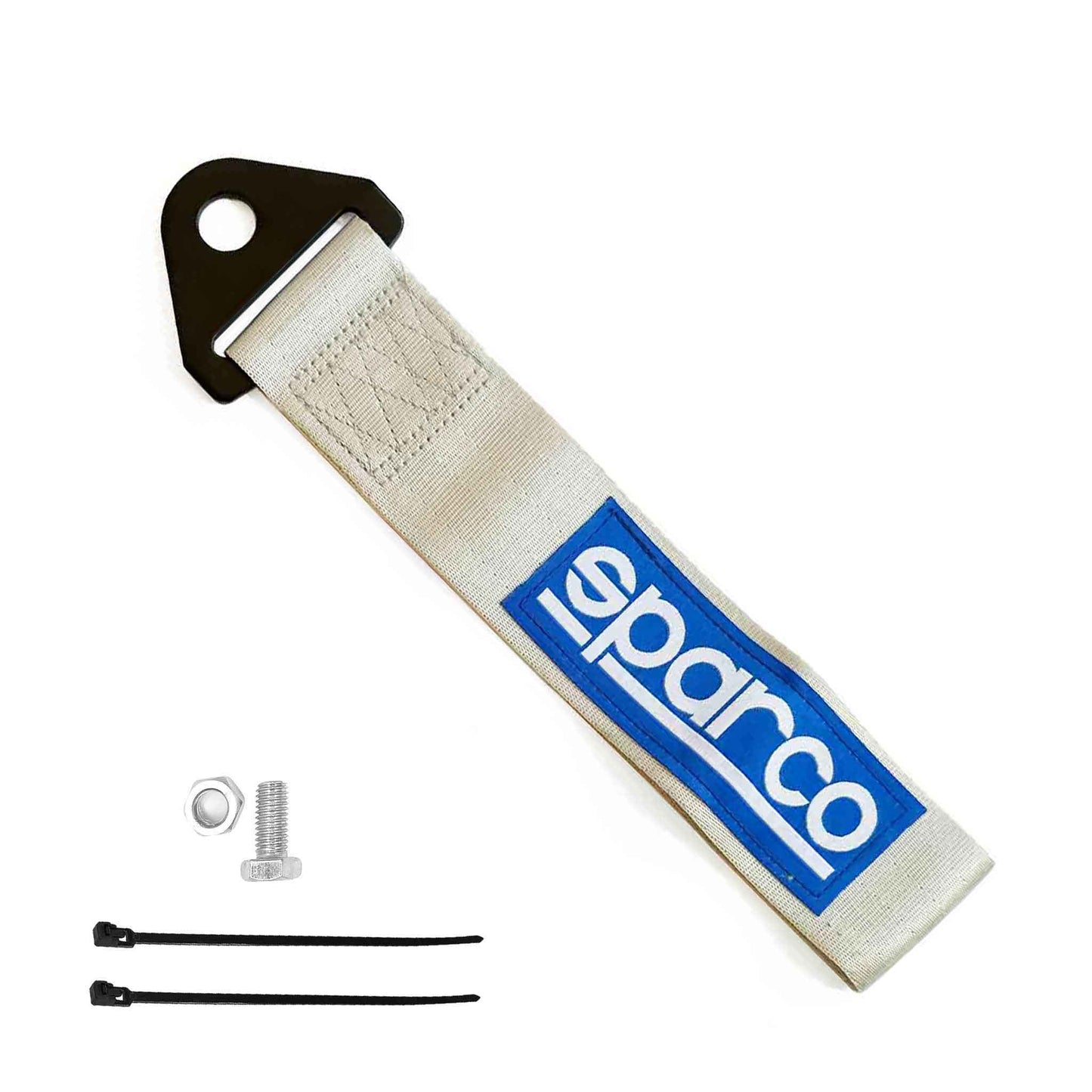 A silver Sparco tow strap with install tools on a white background