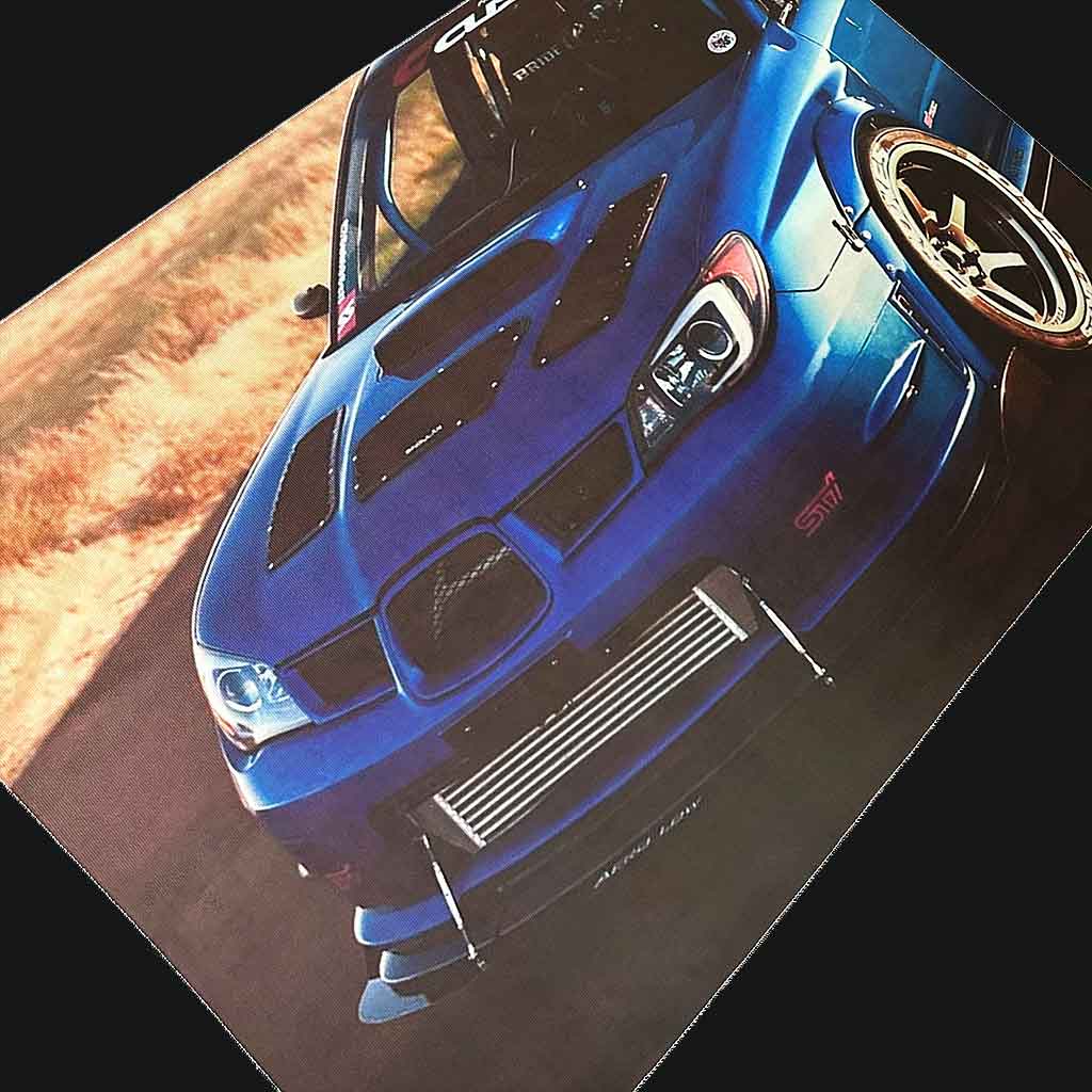 Rally blue sti wall art on a black background