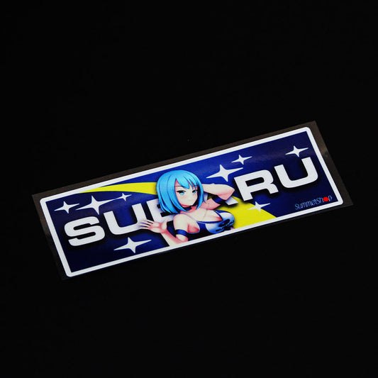 A subaru anime girl slap sticker flat laid on a black background