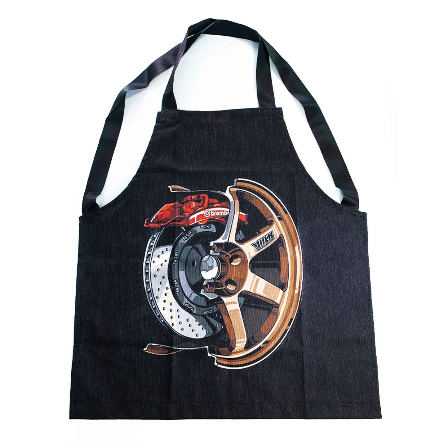 A black Volk-wheel-themed apron flat laid on a white background